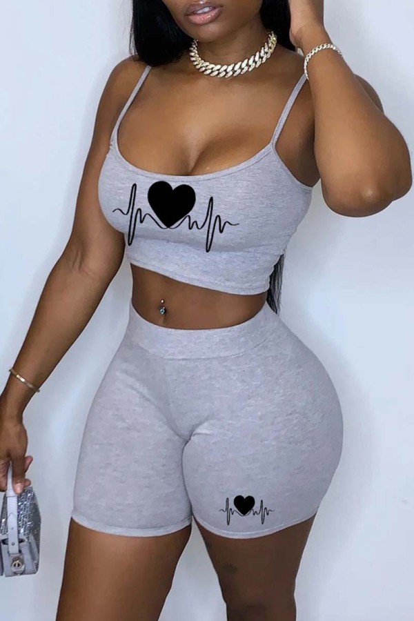 Grey Sexy Casual Print Backless Spaghetti Strap Sleeveless Two Pieces