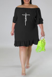 Black Casual Print Patchwork Flounce Off the Shoulder Plus Size Dresses