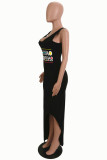 Black Sexy Print Patchwork Slit U Neck Printed Dress Dresses