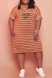 Orange Casual Letter Striped Print Basic V Neck Short Sleeve Dress Plus Size Dresses