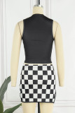Black Sexy Letter Plaid Print Basic O Neck Sleeveless Two Pieces