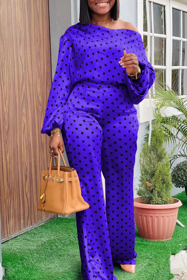 Peacock Blue Casual Print Polka Dot Patchwork Oblique Collar Long Sleeve Two Pieces