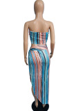 Multicolor Sexy Striped Print Patchwork Asymmetrical Strapless Sleeveless Two Pieces