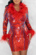 Red Elegant Sequins Patchwork Feathers V Neck Pencil Skirt Dresses