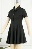 Black Casual Solid Buckle Fold Turndown Collar A Line Dresses