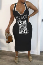 Black Sexy Print Patchwork U Neck Pencil Skirt Dresses