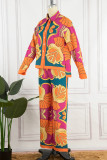 Light Blue Casual Print Patchwork Buckle Turndown Collar Long Sleeve Two Pieces
