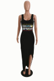 Black Sexy Print Patchwork Slit U Neck Printed Dress Dresses
