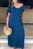 Grey Fashion Casual Red Grey Blue Green Cap Sleeve Short Sleeves V Neck Swagger Floor-Length Solid Dresses