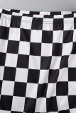 Black Sexy Letter Plaid Print Basic O Neck Sleeveless Two Pieces