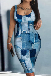 The cowboy blue Sexy Print Patchwork U Neck Pencil Skirt Dresses