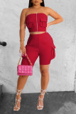 Red Sexy Street Print Patchwork Zipper Strapless Sleeveless Two Pieces