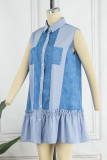Blue Casual Solid Patchwork Buckle Fold Turndown Collar Straight Dresses