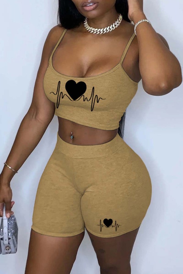 Khaki Sexy Casual Print Backless Spaghetti Strap Sleeveless Two Pieces