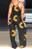 Black Yellow Casual Print Patchwork Spaghetti Strap Straight Jumpsuits