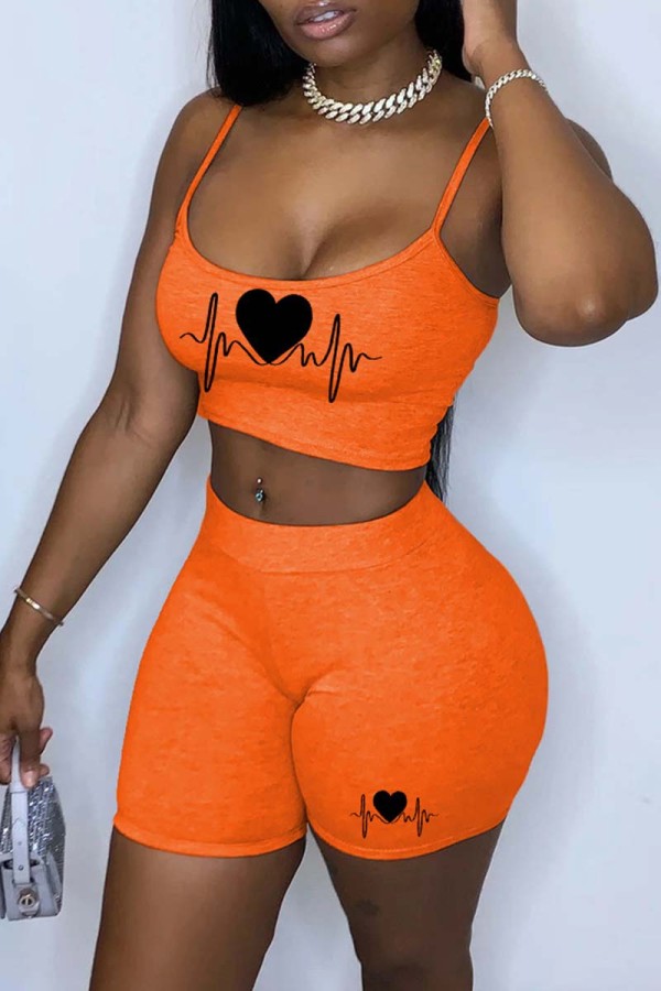 Orange Sexy Casual Print Backless Spaghetti Strap Sleeveless Two Pieces