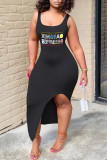 Black Sexy Print Patchwork Slit U Neck Printed Dress Dresses
