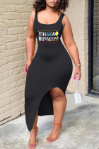 Black Sexy Print Patchwork Slit U Neck Printed Dress Dresses