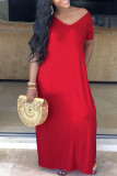 Red Fashion Casual Red Grey Blue Green Cap Sleeve Short Sleeves V Neck Swagger Floor-Length Solid Dresses