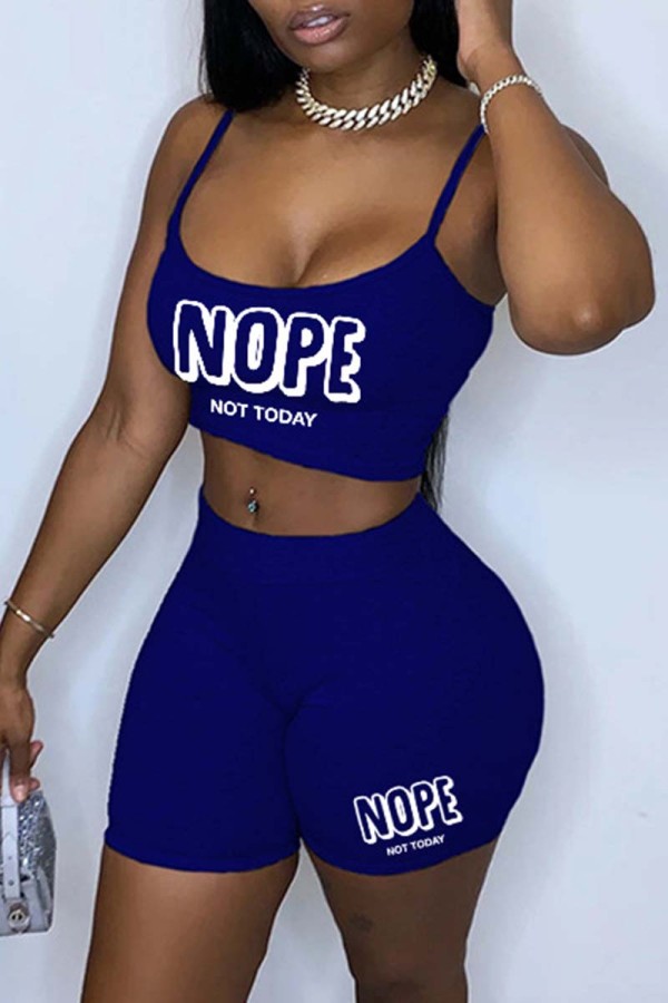 Royal Blue Sexy Casual Letter Print Basic Spaghetti Strap Sleeveless Two Pieces