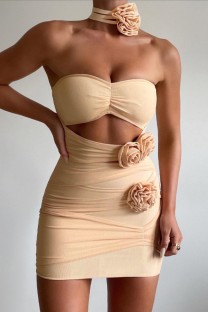 Apricot Sexy Solid Hollowed Out Backless Strapless Sleeveless Dress Dresses