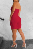 Red Sexy Street Print Patchwork Zipper Strapless Sleeveless Two Pieces