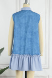 Blue Casual Solid Patchwork Buckle Fold Turndown Collar Straight Dresses