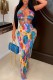 Blue Sexy Print Backless Spaghetti Strap Long Dress Dresses