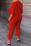 Blue Casual Solid Ripped Patchwork O Neck Half Sleeve Two Pieces