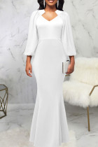 White Elegant Solid Patchwork Asymmetrical Collar Evening Dress Dresses