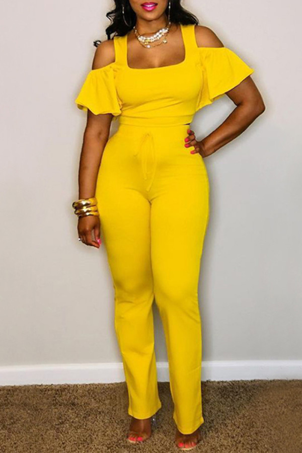 Yellow Fashion Casual Solid Hollowed Out U Neck Short Sleeve Two Pieces