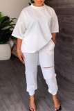 Blue Casual Solid Ripped Patchwork O Neck Half Sleeve Two Pieces
