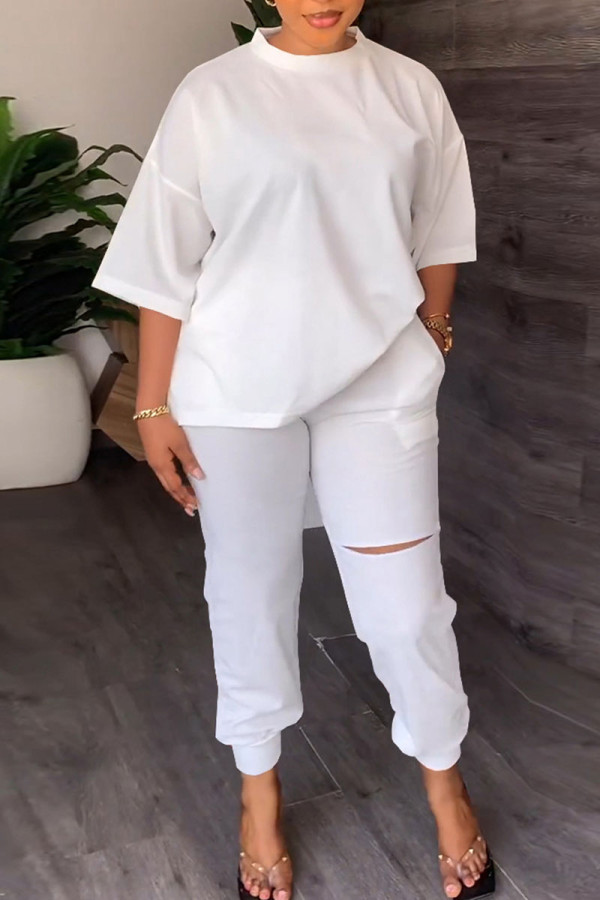 White Casual Solid Ripped Patchwork O Neck Half Sleeve Two Pieces