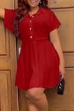 Red Casual Solid Patchwork Buckle Turndown Collar A Line Dresses