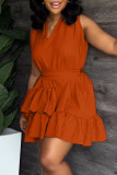 Watermelon Red Casual Sweet Solid Patchwork Flounce With Belt Asymmetrical V Neck A Line Dresses