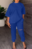 Blue Casual Solid Ripped Patchwork O Neck Half Sleeve Two Pieces
