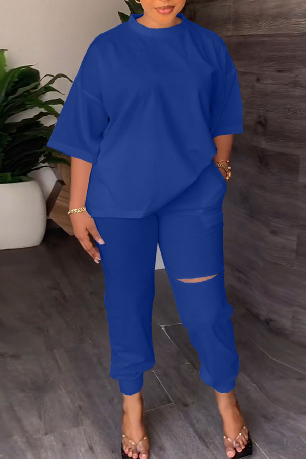 Blue Casual Solid Ripped Patchwork O Neck Half Sleeve Two Pieces