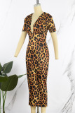 Leopard Print Casual Print Leopard Basic V Neck Short Sleeve Dress