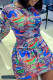 Colour Sexy Print Patchwork O Neck Pencil Skirt Dresses