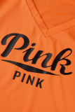 Orange Casual Letter Print V Neck Short Sleeve Two Pieces