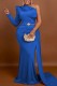 Blue Sexy Formal Solid Patchwork Oblique Collar Evening Dress (Without Belt)