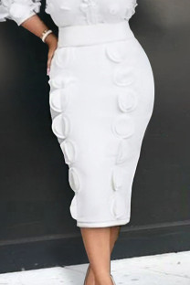 White Casual Solid Patchwork Appliques Regular High Waist Pencil Solid Color Bottoms