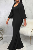 Blue Elegant Solid Patchwork Asymmetrical Collar Evening Dress Dresses