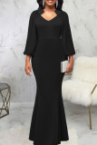 Blue Elegant Solid Patchwork Asymmetrical Collar Evening Dress Dresses