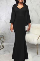 Black Elegant Solid Patchwork Asymmetrical Collar Evening Dress Dresses