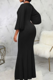 Blue Elegant Solid Patchwork Asymmetrical Collar Evening Dress Dresses