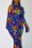 Blue Sexy Print Patchwork O Neck Skinny Jumpsuits