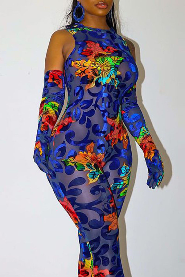 Blue Sexy Print Patchwork O Neck Skinny Jumpsuits