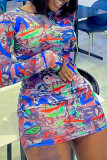 Colour Sexy Print Patchwork O Neck Pencil Skirt Dresses