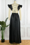 Colorful Blue Sexy Solid Patchwork Backless Fold V Neck Straight Dresses